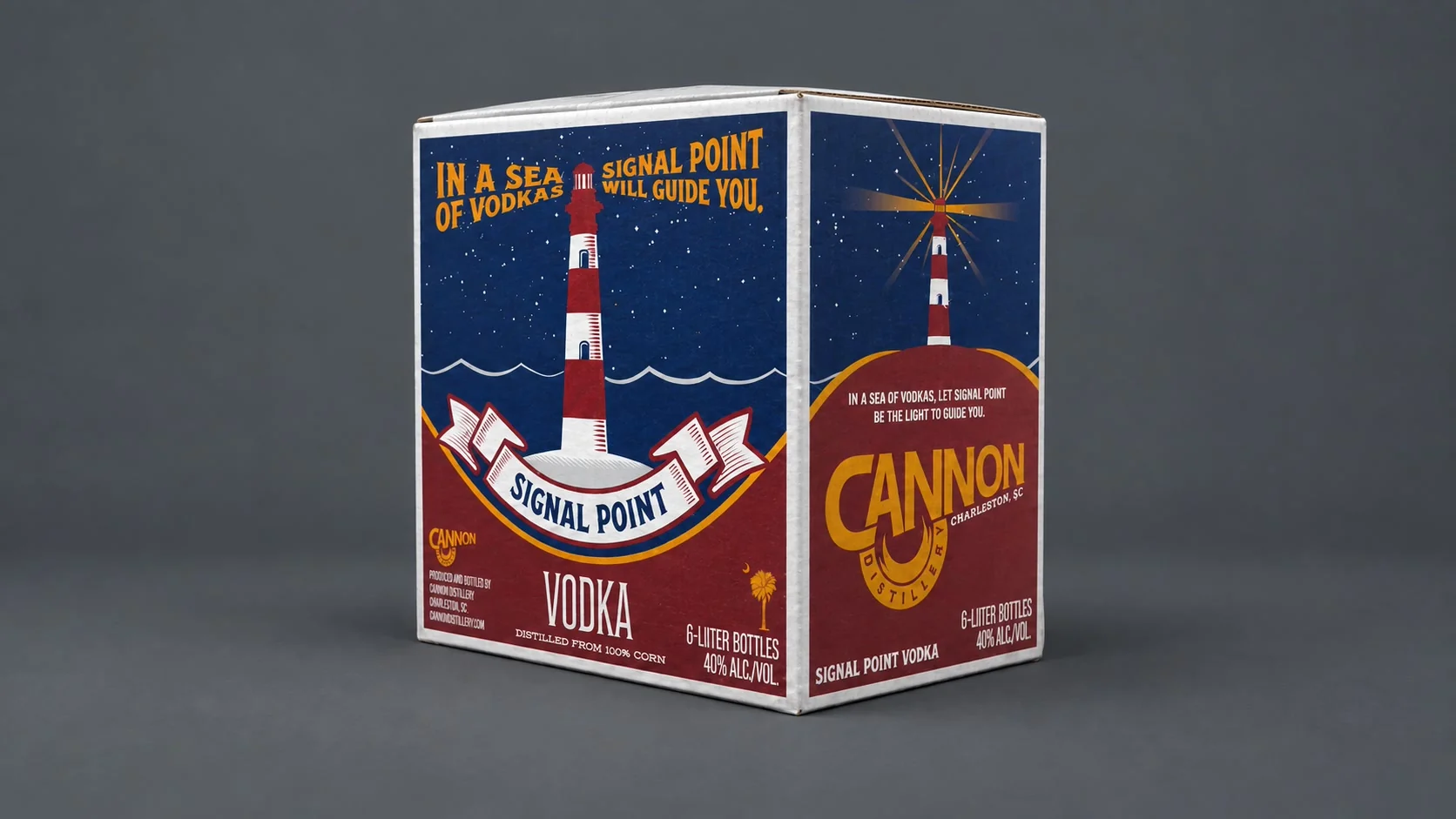 Signal Point vodka corrugated carton with lighthouse graphics